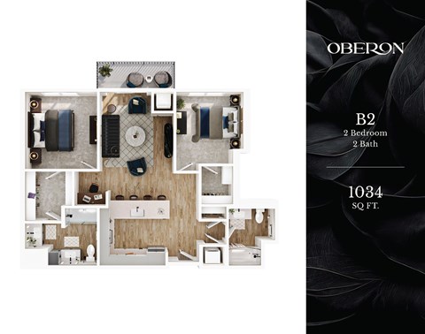 Floor plan for 2 beds, 2 baths, 1034 sqft